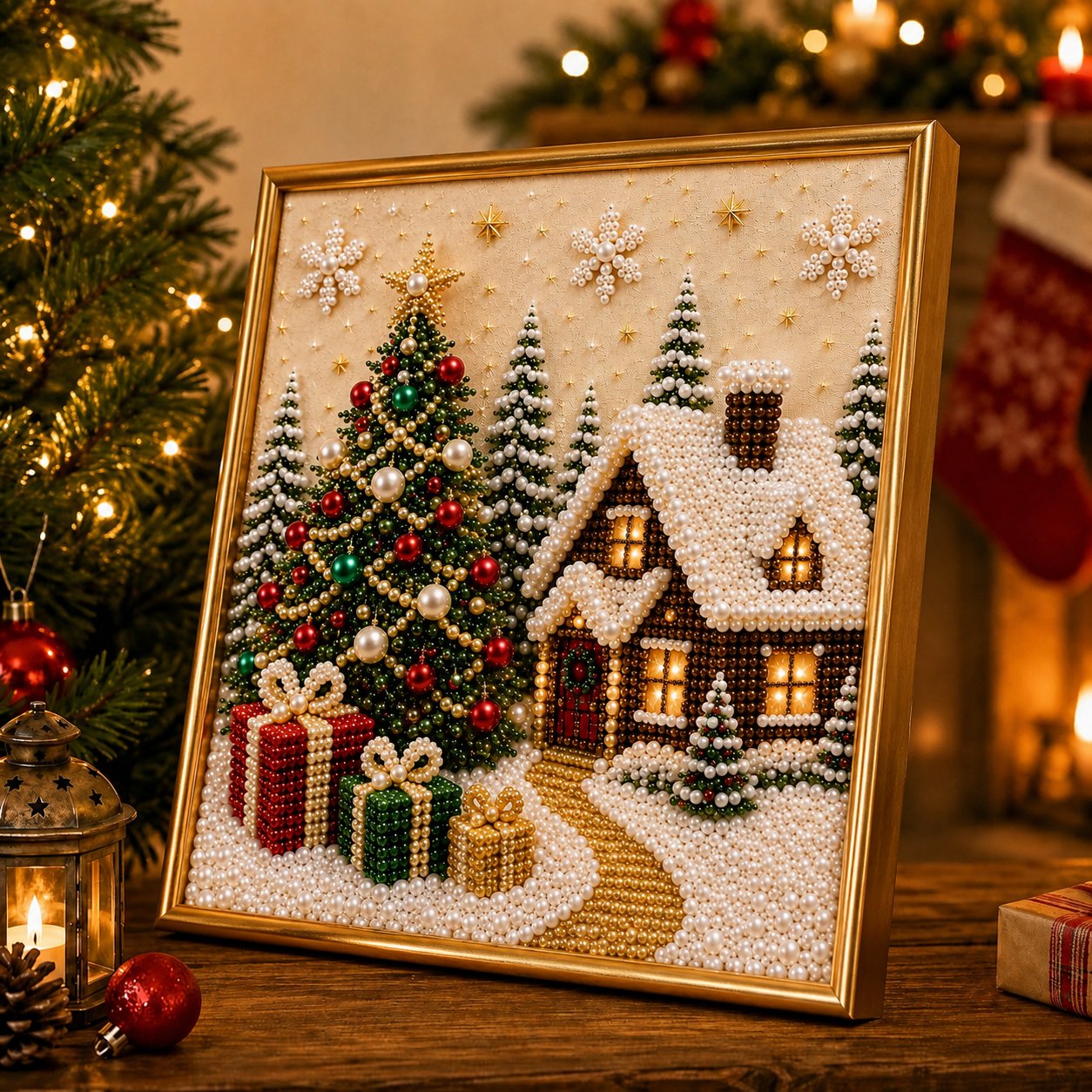 LSAT DAY 75% OFF 🎄🎅 Premium 3D Pearl Christmas Wall Art Kit | Luxury Flocked Canvas with Scratch-Resistant Non-Fading Pearl Beads DIY Holiday Decor ⛄️❄️