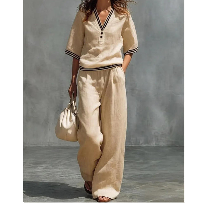 Women's 2-Piece Linen Set - V-Neck Top and Pants