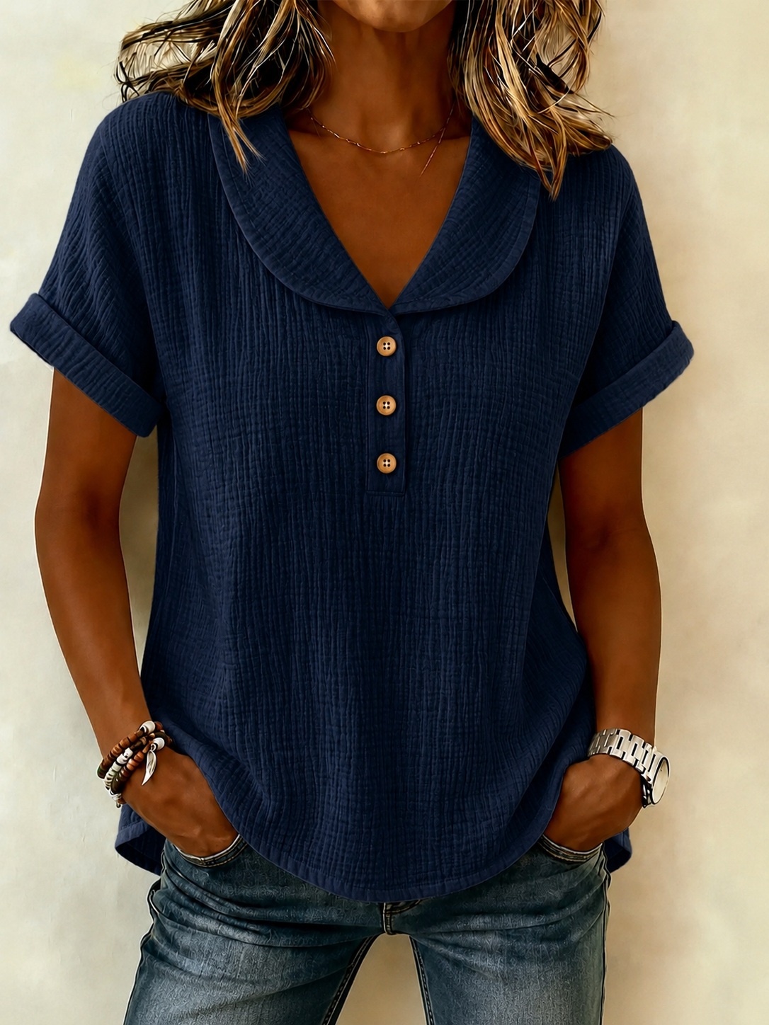 New Arrivals🔥 Women's Peter Pan Collar V-neck Short-sleeve Cotton-linen Top