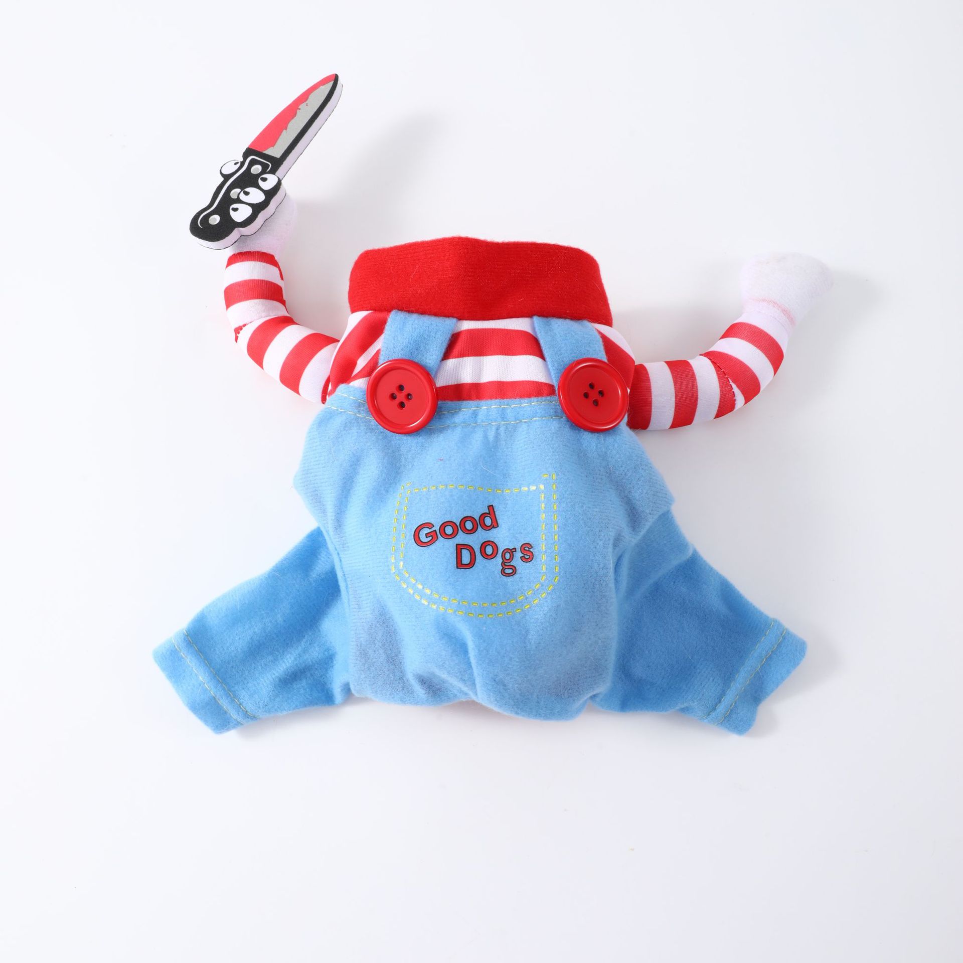 Red spooky doll pet costume front view