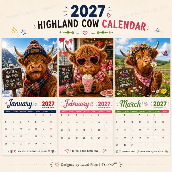 2027 Funny Highland Cow Wall Calendar | A4 Hanging Calendar | Designed by Isabel Kline
