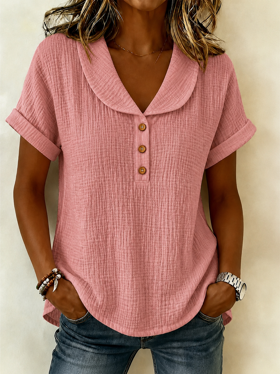 New Arrivals🔥 Women's Peter Pan Collar V-neck Short-sleeve Cotton-linen Top