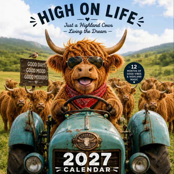 2027 Funny Highland Cow Wall Calendar | A4 Hanging Calendar | Designed by Isabel Kline