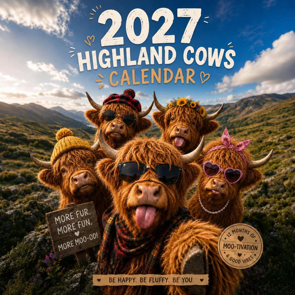 2027 Funny Highland Cow Wall Calendar | A4 Hanging Calendar | Designed by Isabel Kline