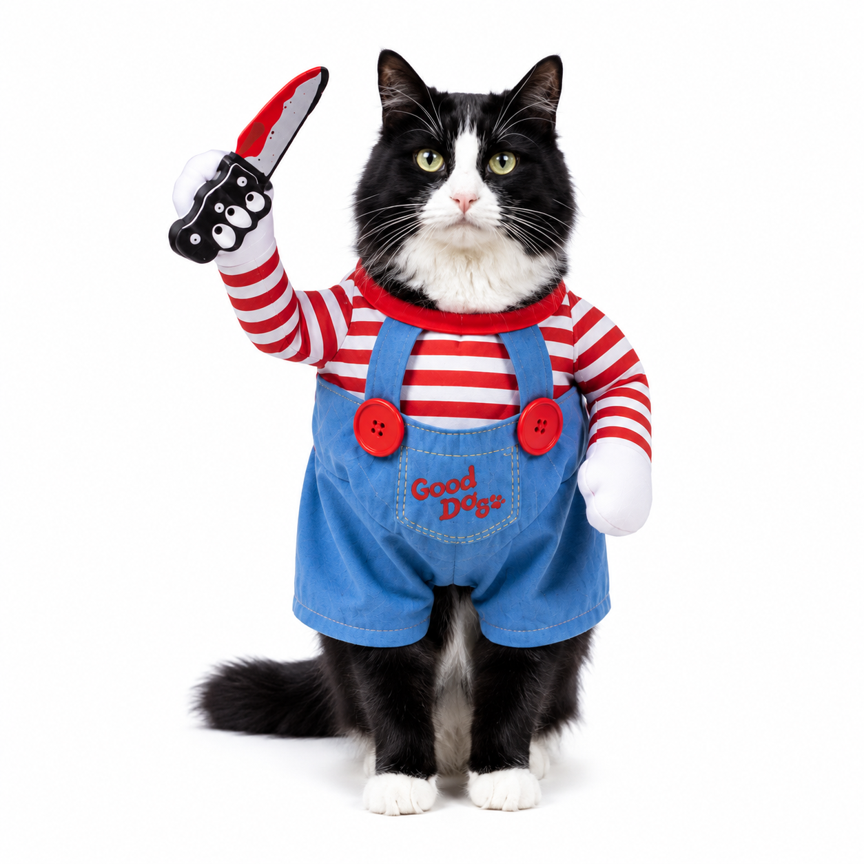 Cat wearing a red spooky doll Halloween costume