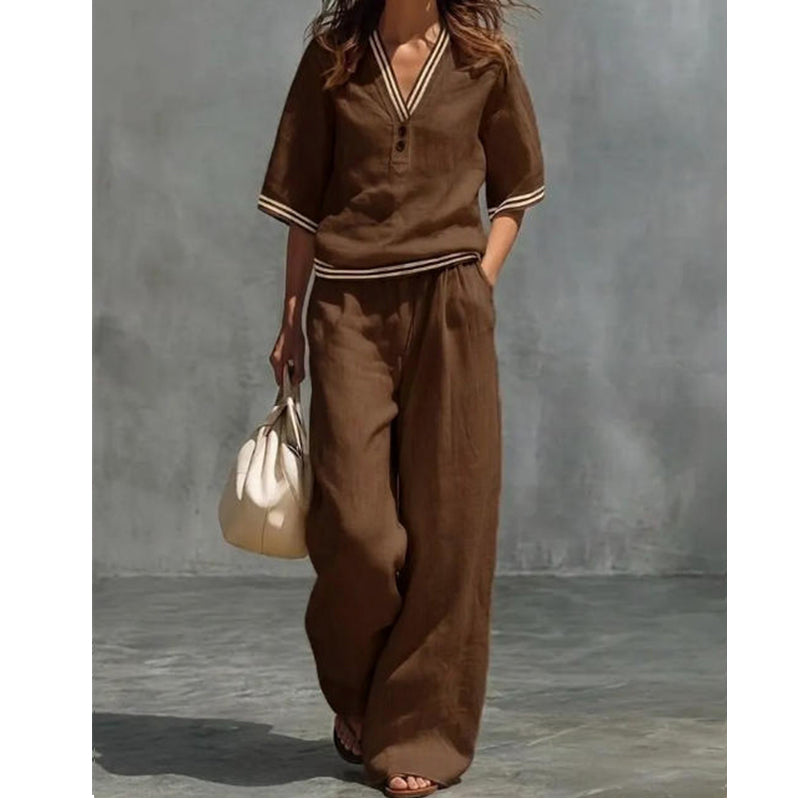Women's 2-Piece Linen Set - V-Neck Top and Pants