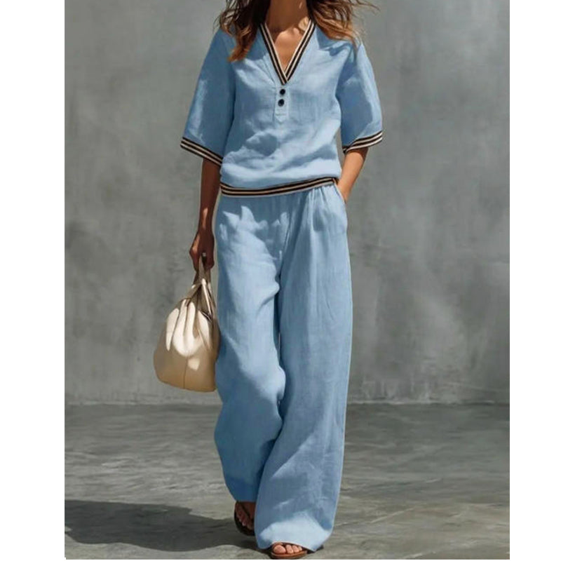 Women's 2-Piece Linen Set - V-Neck Top and Pants