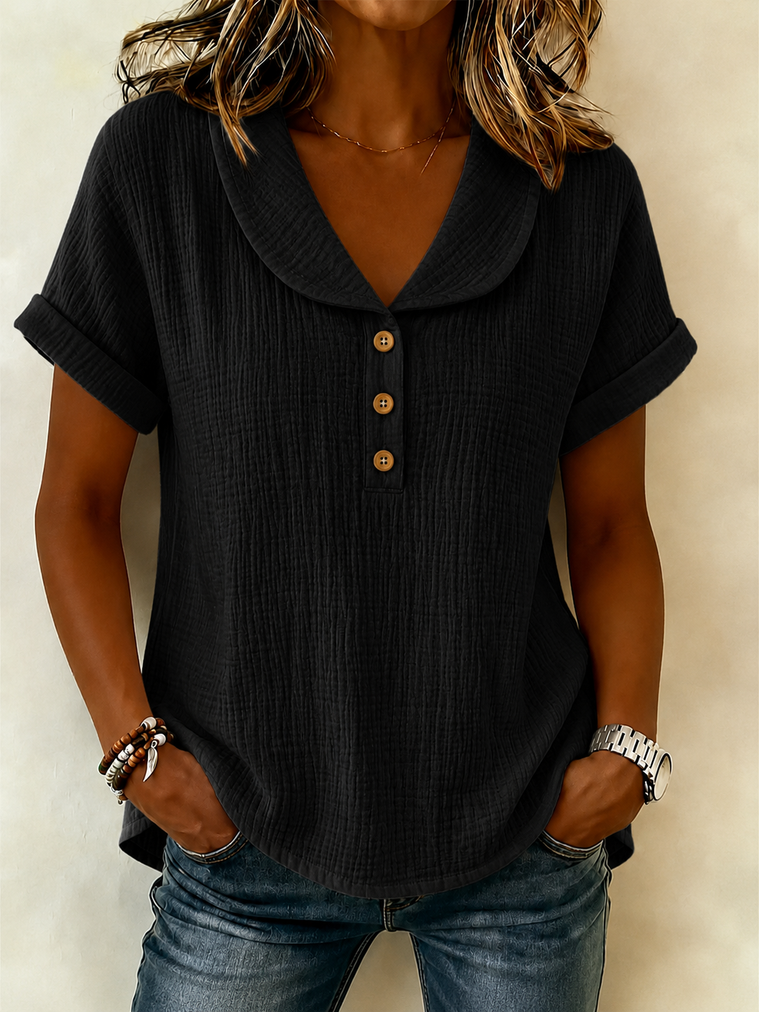 New Arrivals🔥 Women's Peter Pan Collar V-neck Short-sleeve Cotton-linen Top