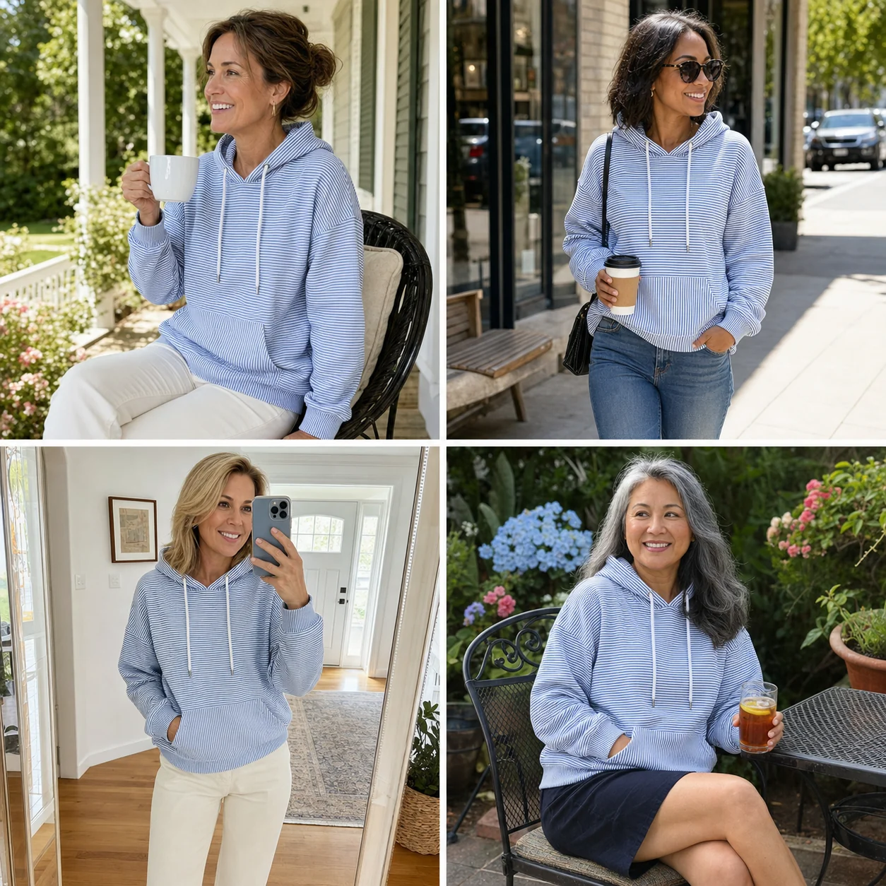 Four casual outfit ideas featuring the blue striped hoodie
