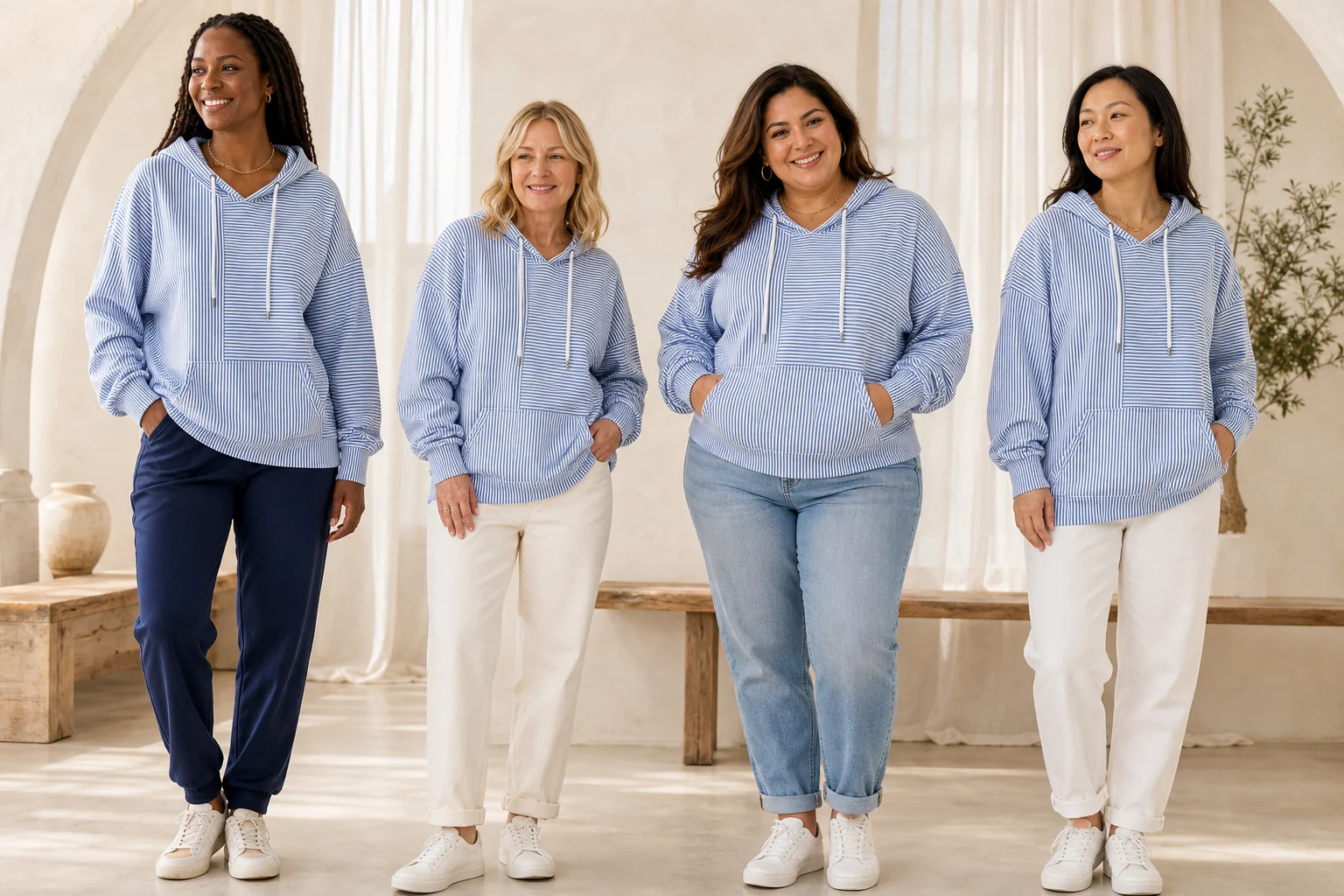 Four women of different heights, skin tones and body shapes wearing the blue striped hoodie