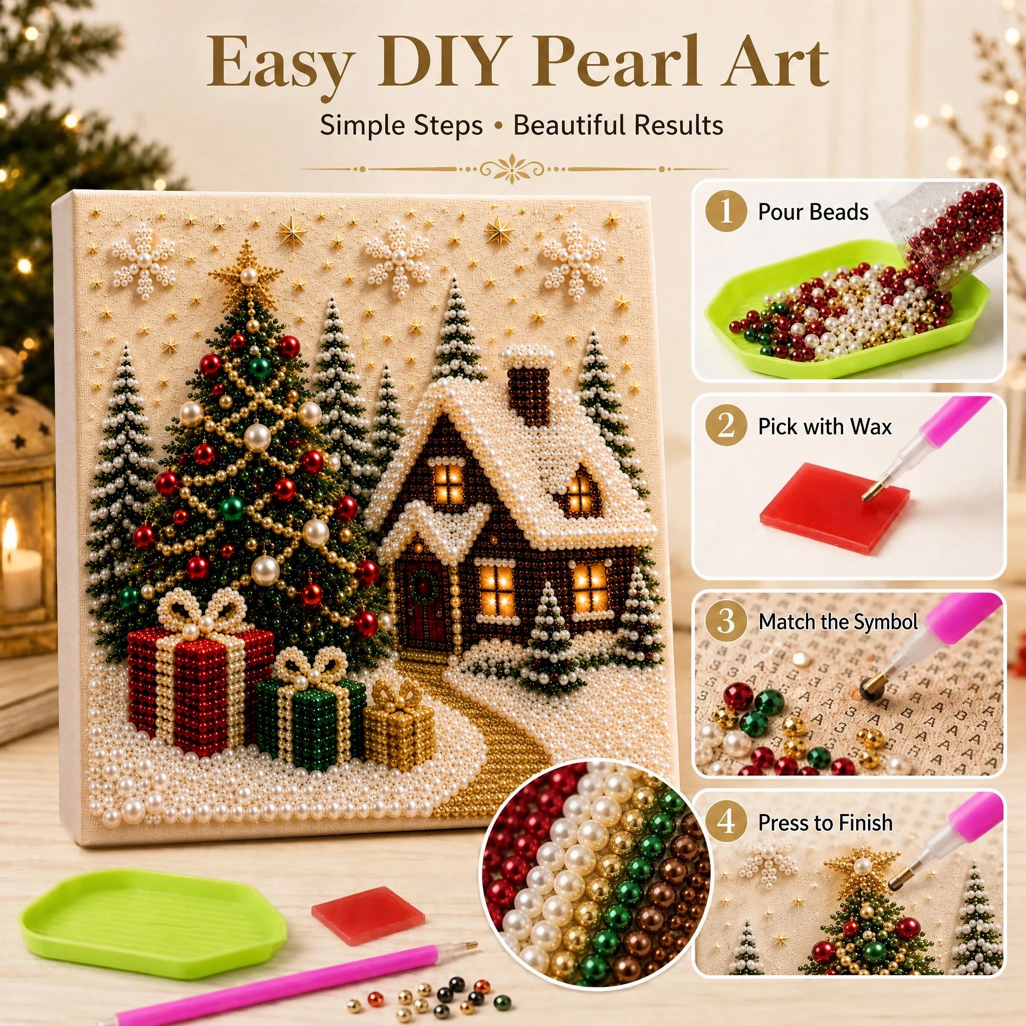 LSAT DAY 75% OFF 🎄🎅 Premium 3D Pearl Christmas Wall Art Kit | Luxury Flocked Canvas with Scratch-Resistant Non-Fading Pearl Beads DIY Holiday Decor ⛄️❄️