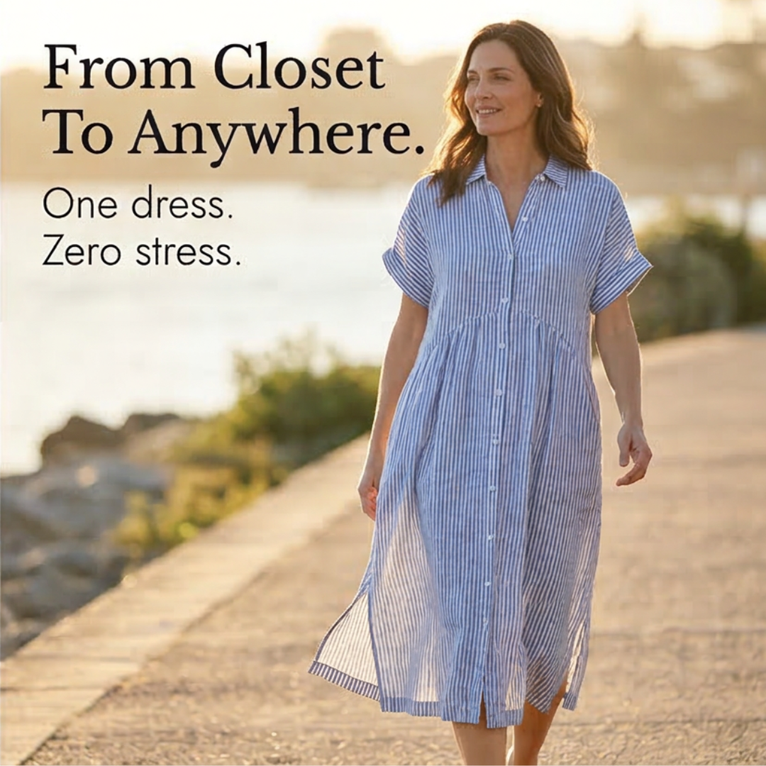 Linara™ – Striped Midi Shirt Dress with Pockets