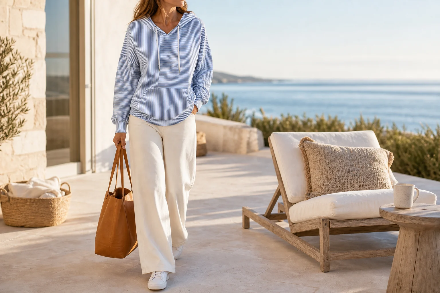 Woman styling the blue striped hoodie with cream trousers on a coastal terrace