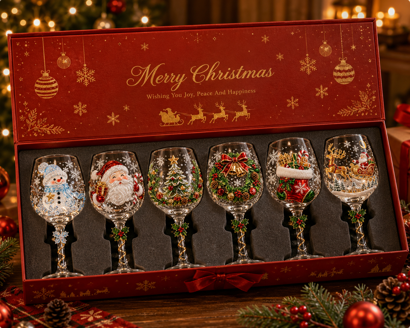 Christmas Handcrafted 3D Wine Glass Collection Gift Box Set