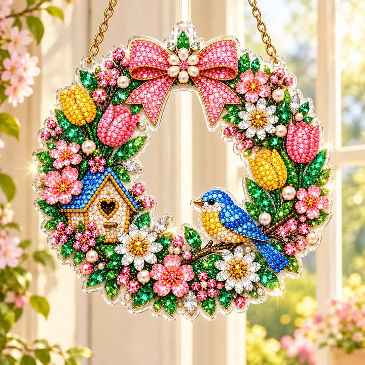 DIY Diamond Painting Acrylic Hanging Ornament, Pearl & Special Shaped Drill Art, Double-Sided Printed Patriotic Home Decor(Flowers and Birds)