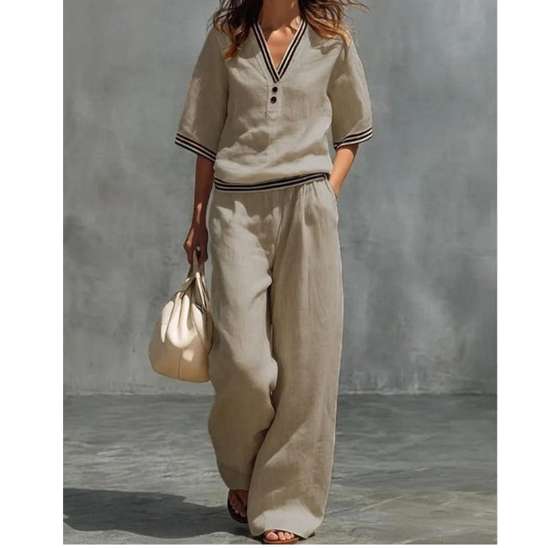 Women's 2-Piece Linen Set - V-Neck Top and Pants