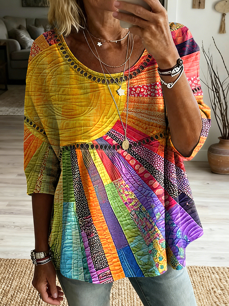 Women's Vintage Colorful Sun Collage Art Print Flowy Linen Blend Casual Tops