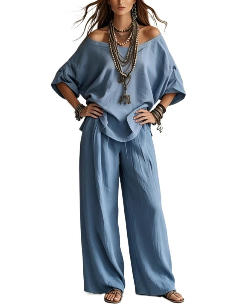 Summer Linen Set Relaxed Fit Top & Wide-Leg Pants Effortless Casual Wear