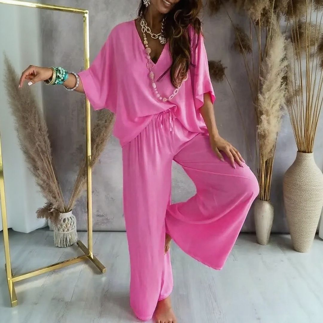 Mediaandart™ Set With V-Neck Blouse & Adjustable Drawstring Palazzo Pants