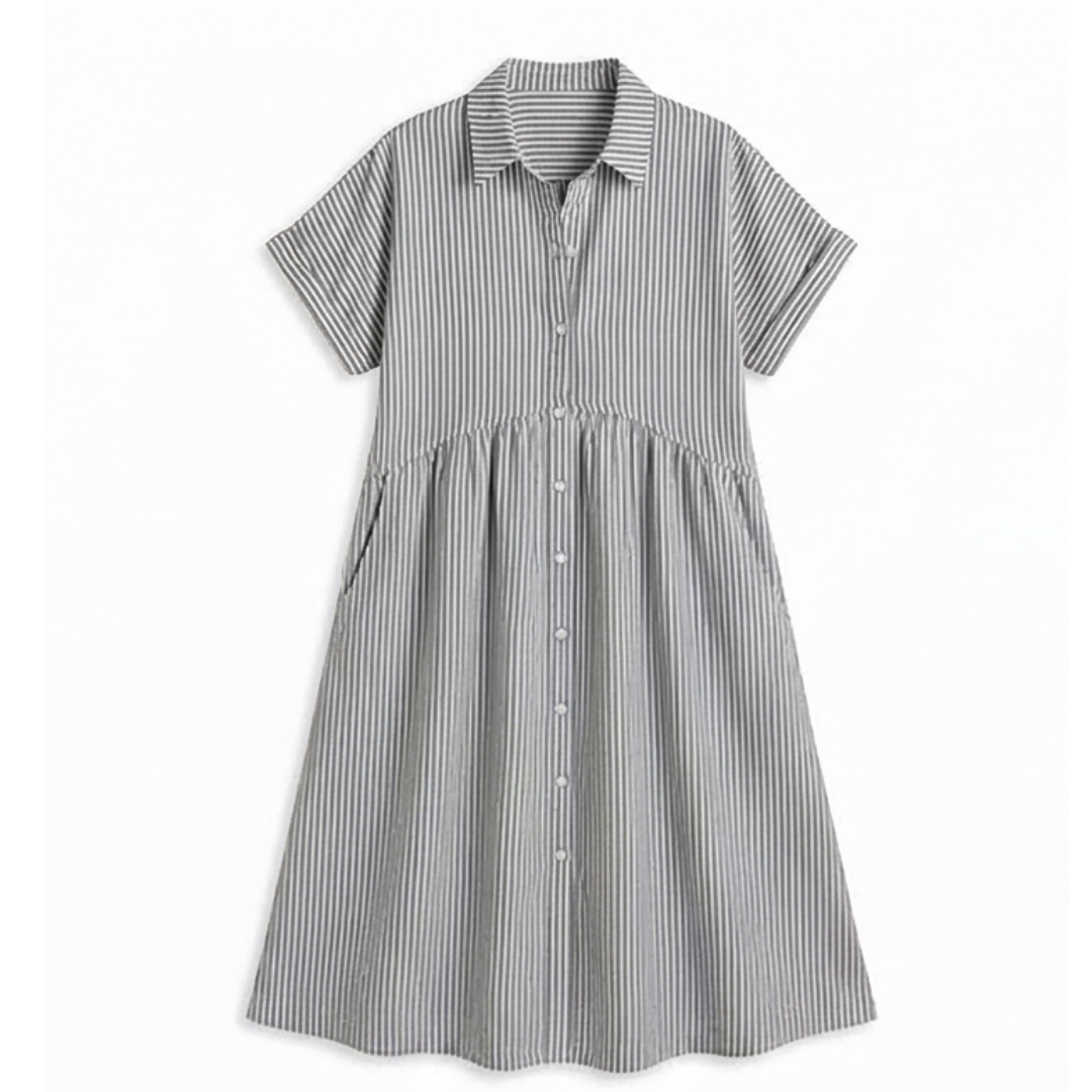 Linara™ – Striped Midi Shirt Dress with Pockets