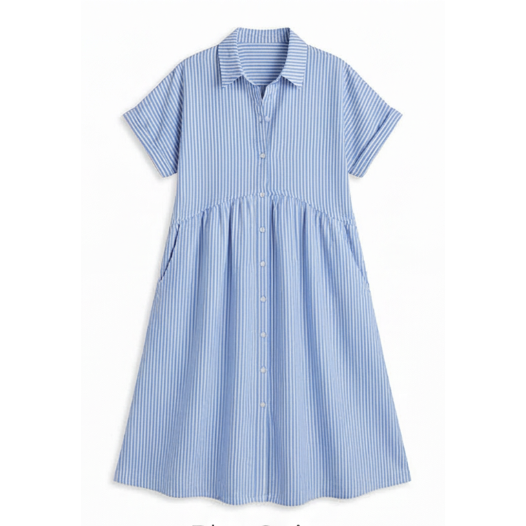 Linara™ – Striped Midi Shirt Dress with Pockets