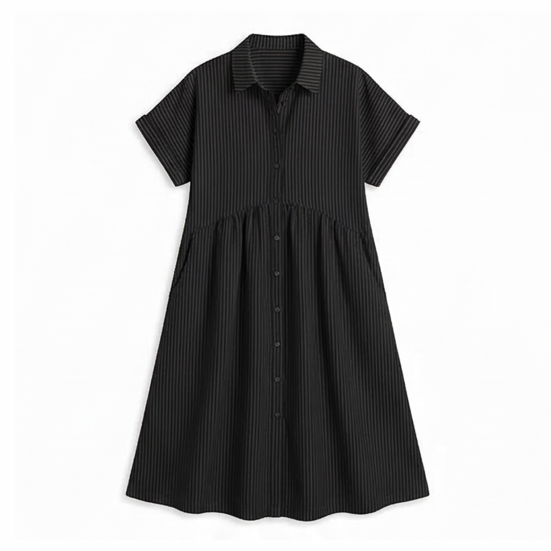 Linara™ – Striped Midi Shirt Dress with Pockets