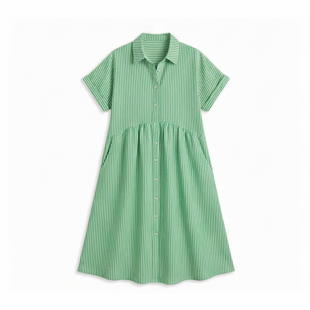Linara™ – Striped Midi Shirt Dress with Pockets