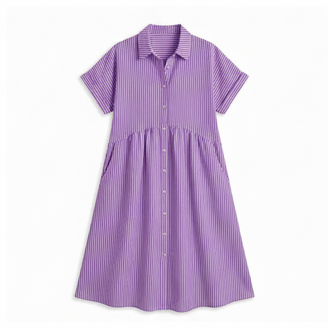 Linara™ – Striped Midi Shirt Dress with Pockets