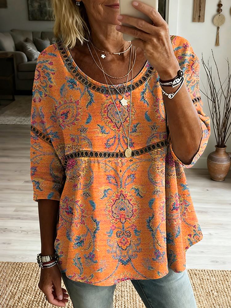 Women's Vintage Ethnic Orange Floral Art Print Flowy Linen Blend Casual Tops