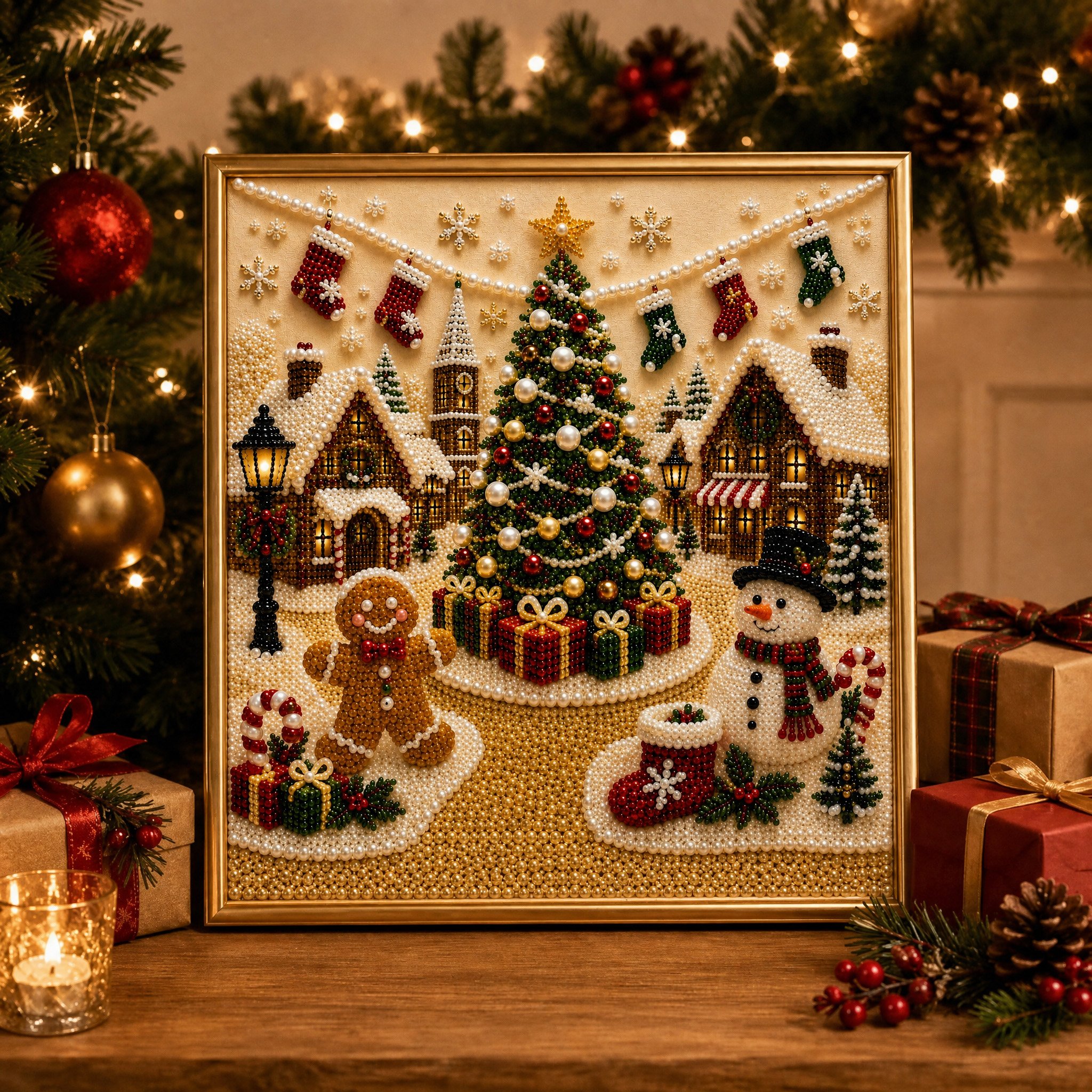 LSAT DAY 75% OFF 🎄🎅 Premium 3D Pearl Christmas Wall Art Kit | Luxury Flocked Canvas with Scratch-Resistant Non-Fading Pearl Beads DIY Holiday Decor ⛄️❄️