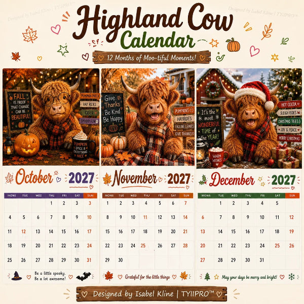 2027 Funny Highland Cow Wall Calendar | A4 Hanging Calendar | Designed by Isabel Kline