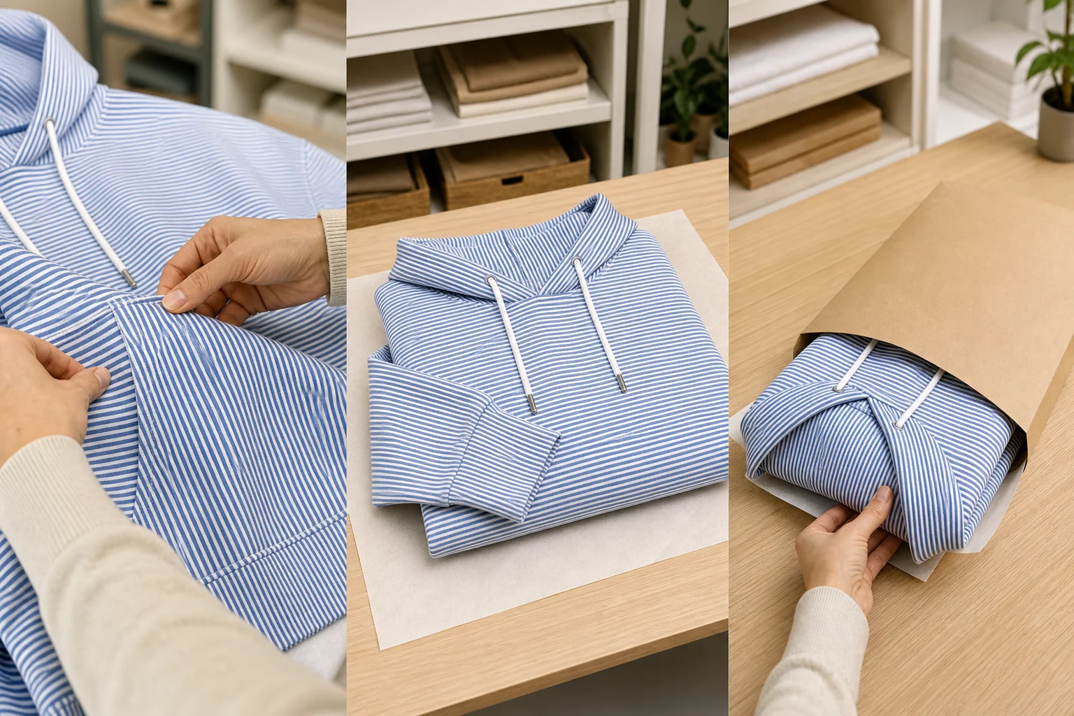 Quality check, folding and packing process for the striped hoodie