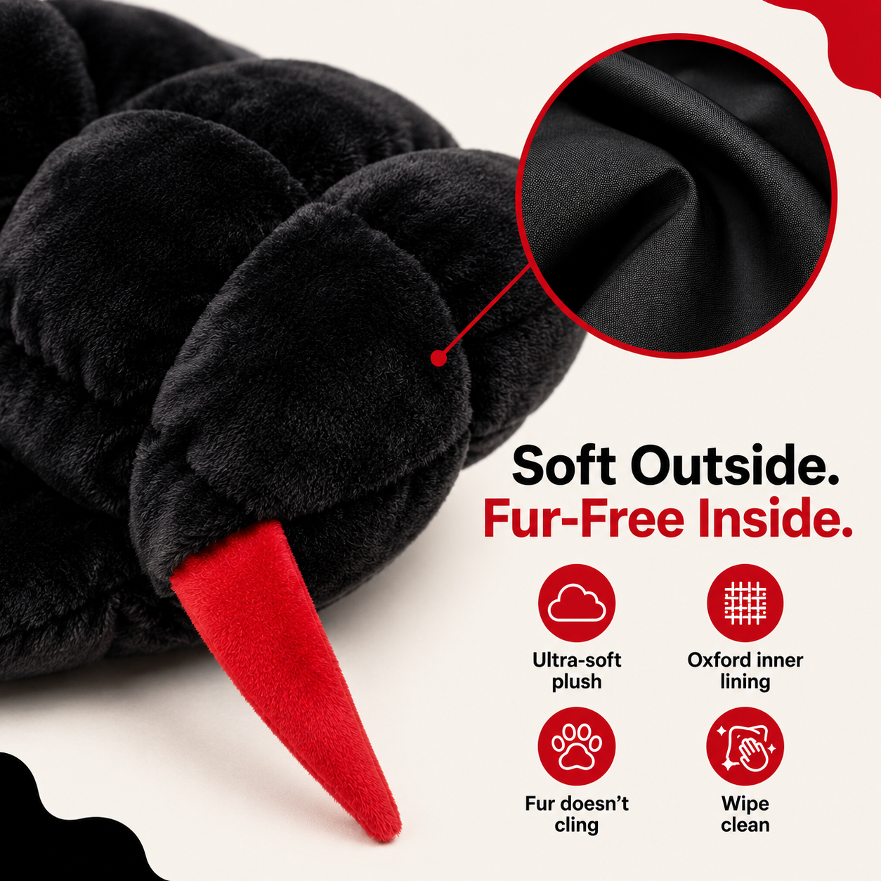 Close-up of plush exterior and smooth inner lining