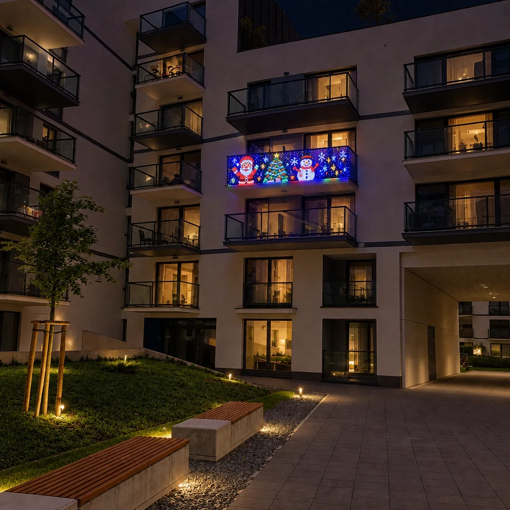 Apartment balcony with colorful animated Christmas curtain lights