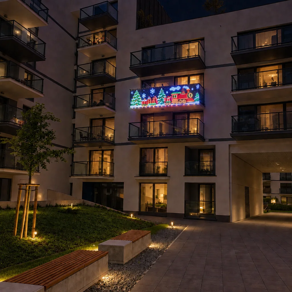 Finished colorful LED curtain display across an apartment balcony