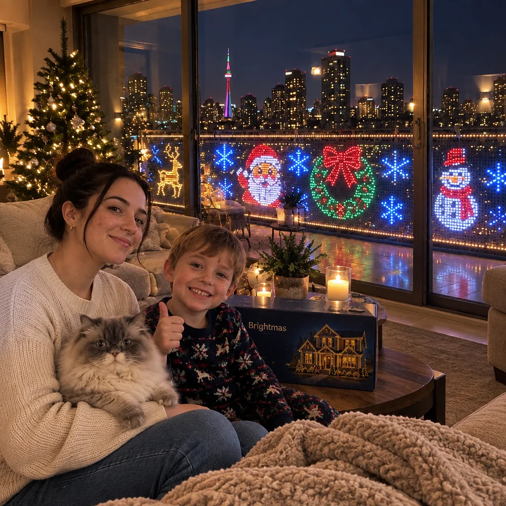 Family enjoying colorful app-controlled Christmas balcony lights