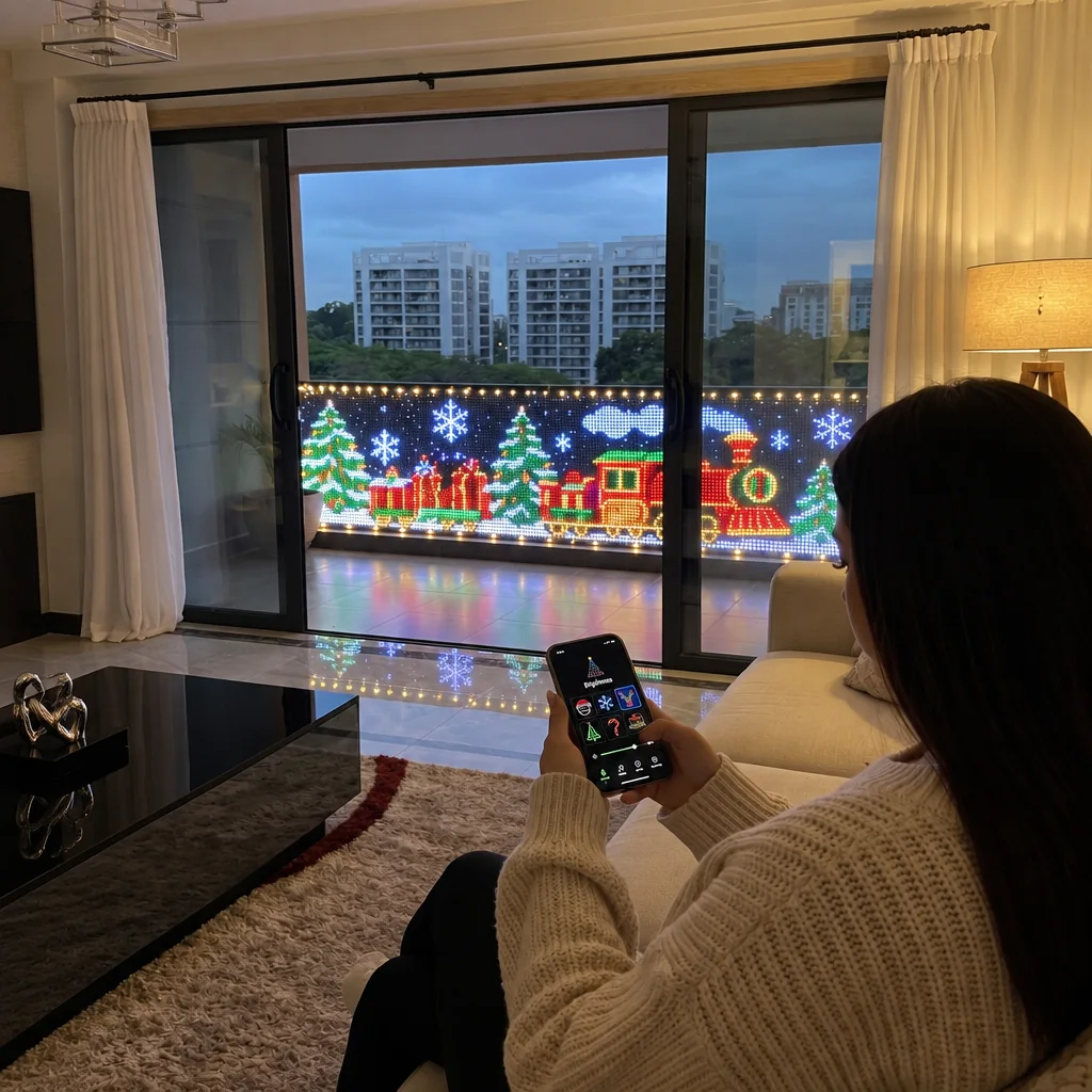 Smart balcony curtain lights controlled from a phone indoors