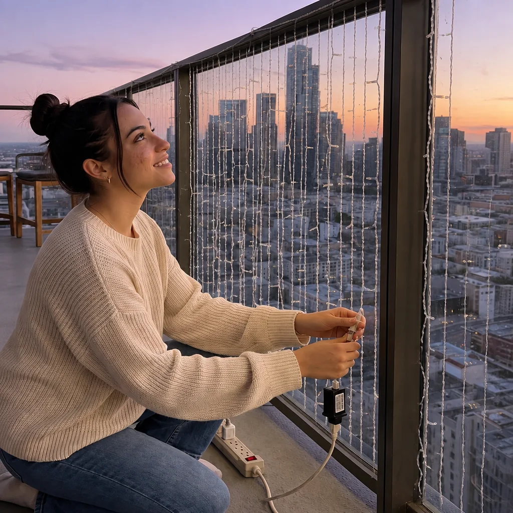 Smart light curtain hung along a balcony railing