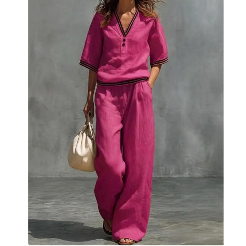 Women's 2-Piece Linen Set - V-Neck Top and Pants