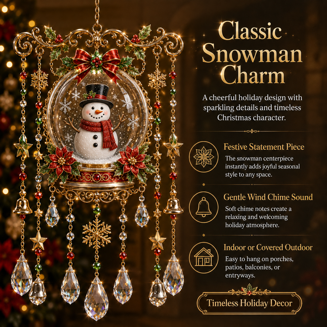 Classic Snowman Charm Christmas crystal wind chime