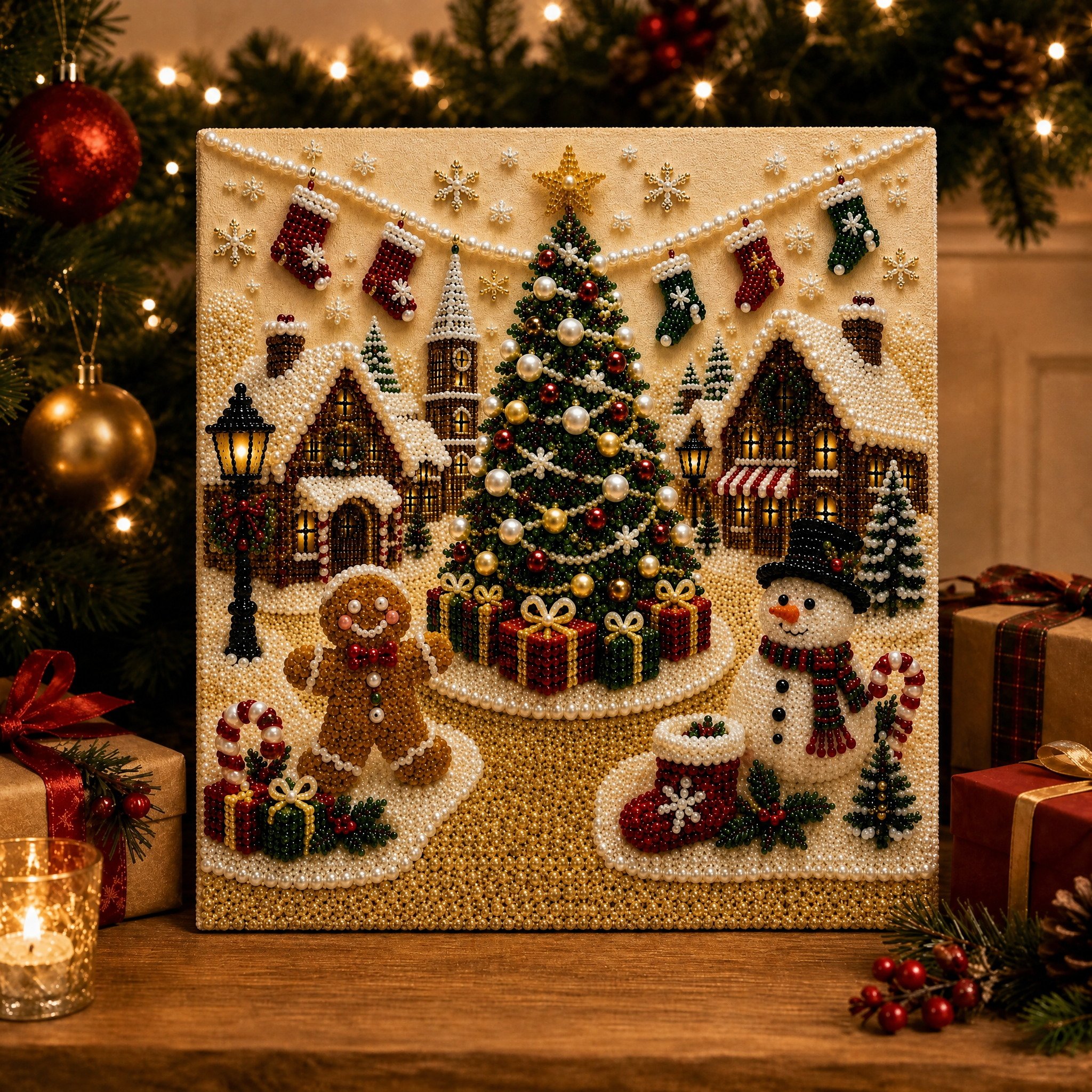 LSAT DAY 75% OFF 🎄🎅 Premium 3D Pearl Christmas Wall Art Kit | Luxury Flocked Canvas with Scratch-Resistant Non-Fading Pearl Beads DIY Holiday Decor ⛄️❄️
