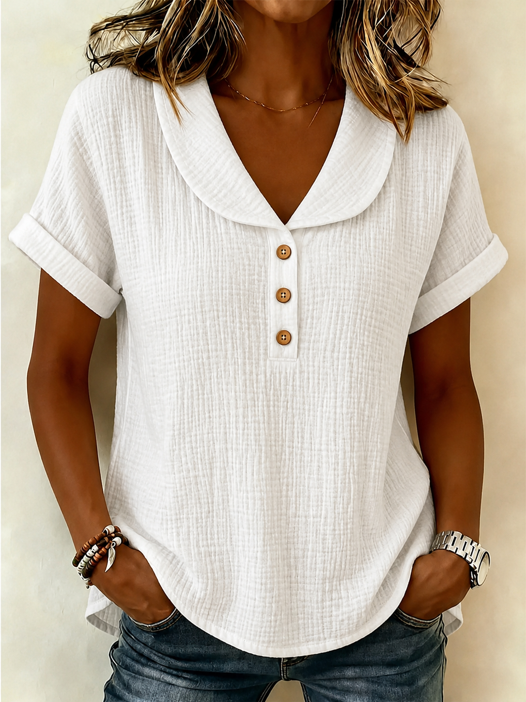 New Arrivals🔥 Women's Peter Pan Collar V-neck Short-sleeve Cotton-linen Top