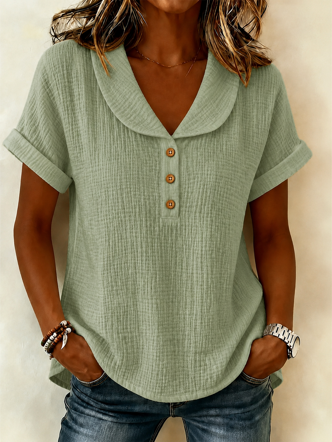 New Arrivals🔥 Women's Peter Pan Collar V-neck Short-sleeve Cotton-linen Top