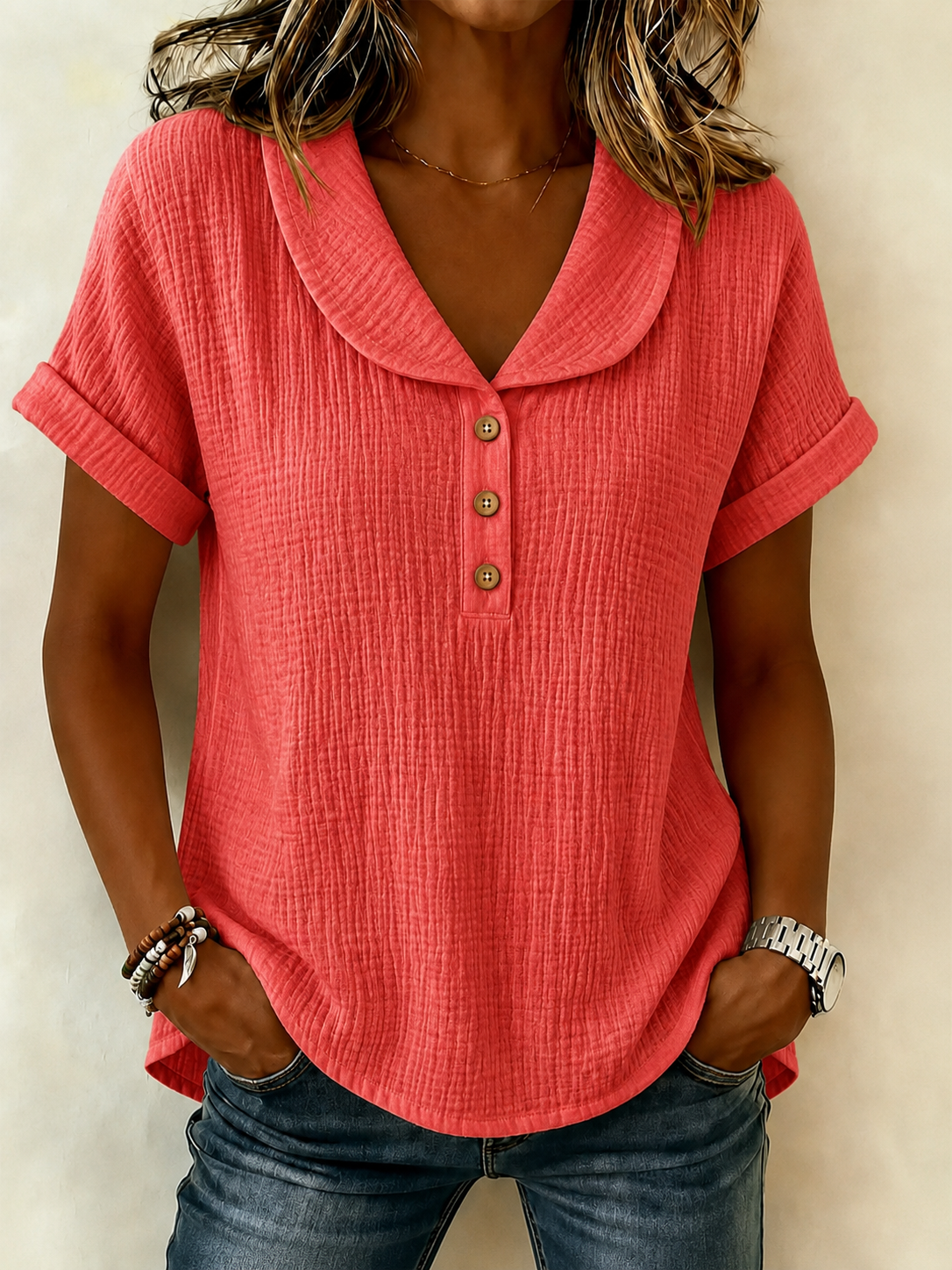 New Arrivals🔥 Women's Peter Pan Collar V-neck Short-sleeve Cotton-linen Top