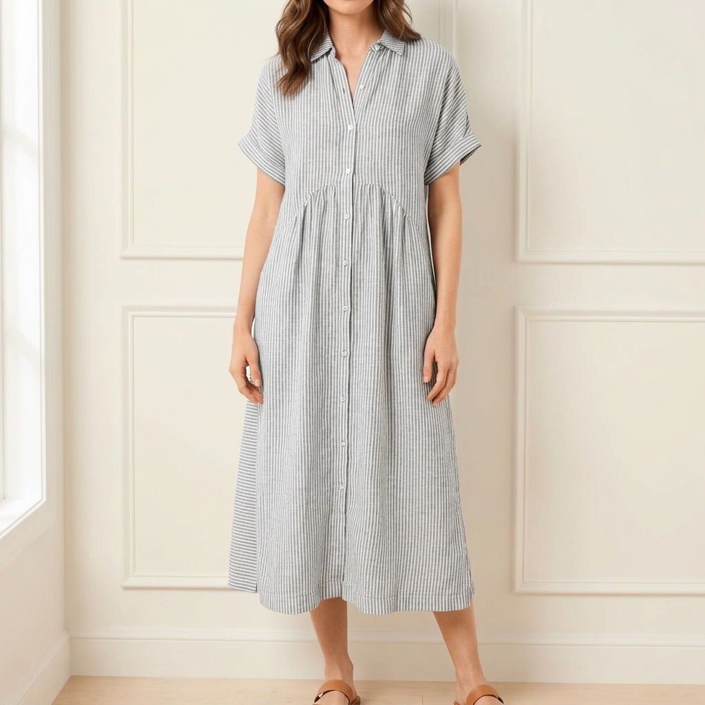 Linara™ – Striped Midi Shirt Dress with Pockets