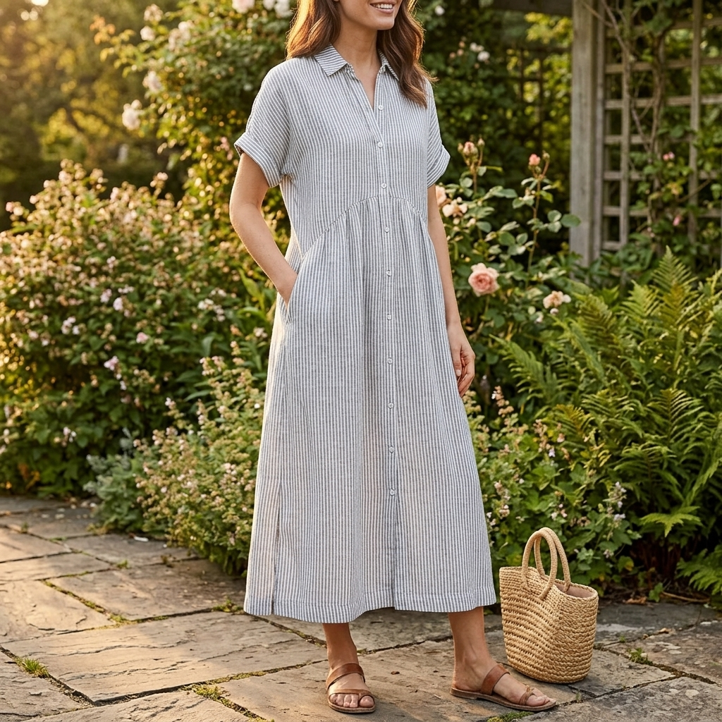 Linara™ – Striped Midi Shirt Dress with Pockets