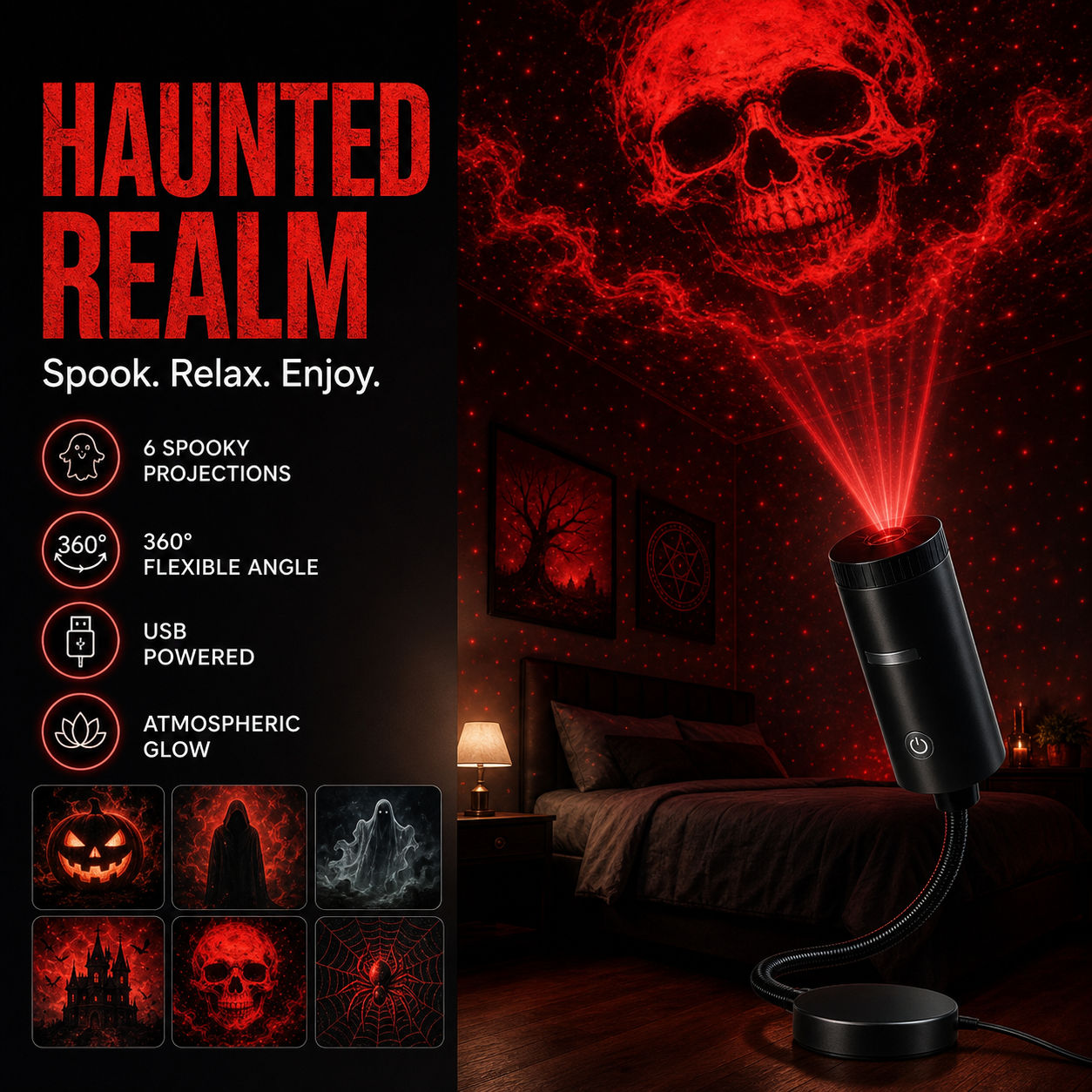 Plug-and-play HD Halloween projector with six spooky projection discs