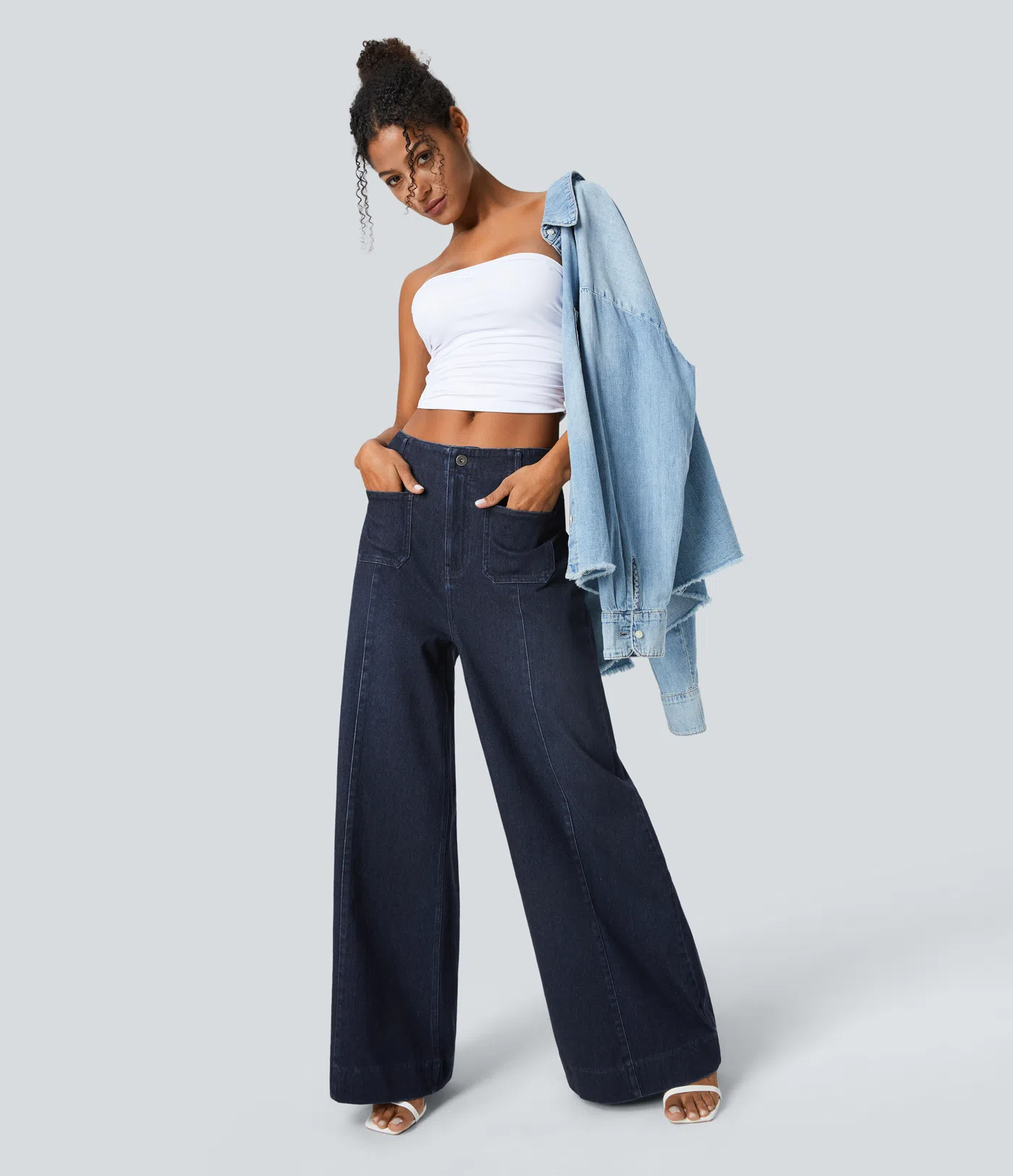 High Waisted Pockets Washed Casual Wide Leg Jeans