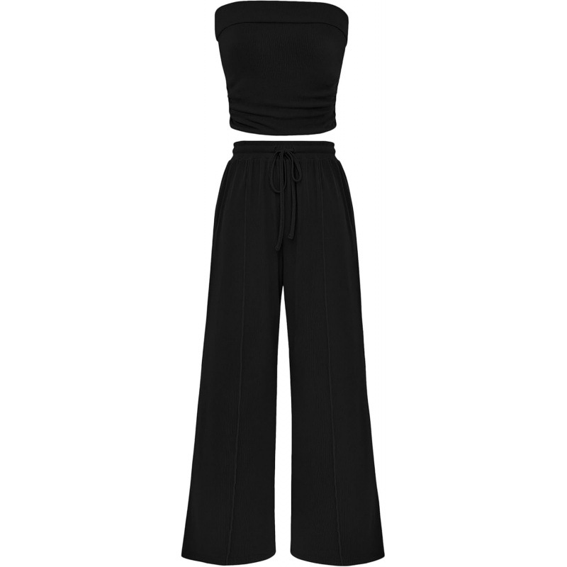 Women's Summer 2-Piece Outfits - Ribbed Knit Crew Neck Sleeveless Cropped Top & Wide Leg Pants Lounge Set