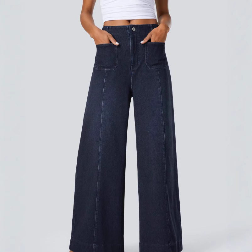 High Waisted Pockets Washed Casual Wide Leg Jeans